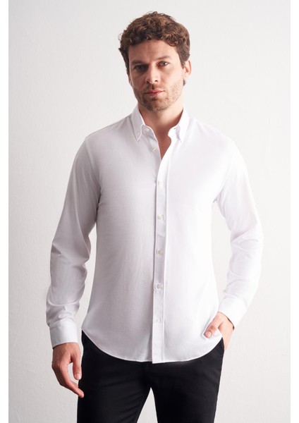 Beyaz Düğmeli Yaka Örme Uzun Kol Performans Ürün Slim Fit Esnek Gömlek 1004255270 modelleri