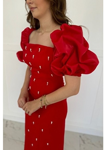 kare yaka maxi boy taş detaylı pera kırmızı elbise fırsatları