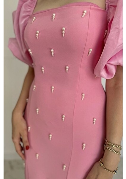 kare yaka maxi boy taş detaylı pera pembe elbise fırsatları