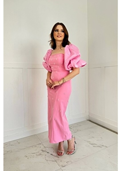 kare yaka maxi boy taş detaylı pera pembe elbise indirimleri
