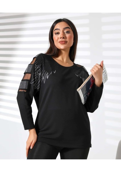 Taşlı Tül Detaylı Bisiklet Yaka Bluz