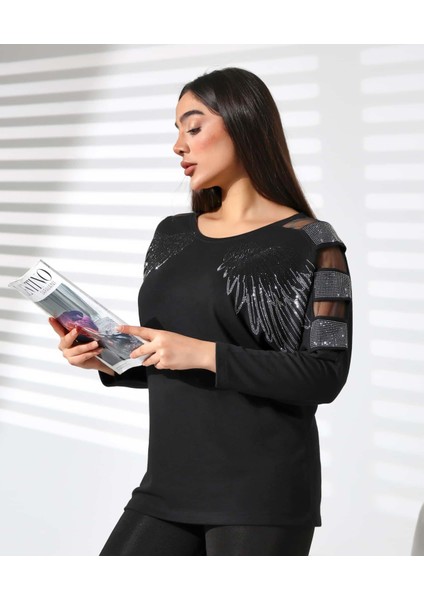 Taşlı Tül Detaylı Bisiklet Yaka Bluz fırsatları