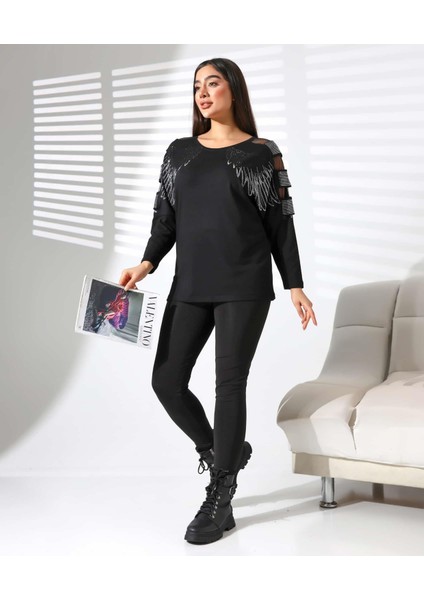 Taşlı Tül Detaylı Bisiklet Yaka Bluz indirimleri