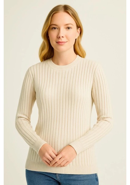 Kadın Bisiklet Yuvarlak Yaka Triko Kazak Pamuklu Kalın Fitilli Dokuma, Regular Fit Uzun Kollu Kışlık Model - Bej