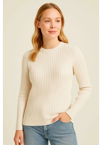 Kadın Bisiklet Yuvarlak Yaka Triko Kazak Pamuklu Kalın Fitilli Dokuma, Regular Fit Uzun Kollu Kışlık Model - Bej fiyatları