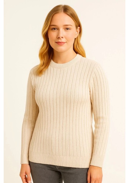 Kadın Bisiklet Yuvarlak Yaka Triko Kazak Pamuklu Kalın Fitilli Dokuma, Regular Fit Uzun Kollu Kışlık Model - Bej modelleri