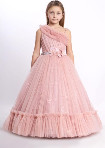 Kanila Kız Çocuk Tek Omuz Çiçek Detaylı Tarlatanlı Gelinlik 2216 Pudra