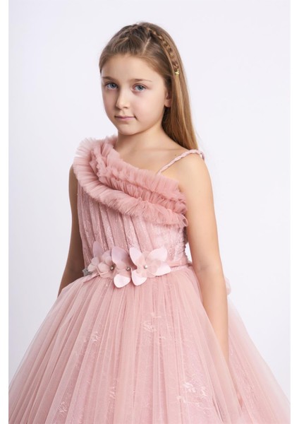 Kanila Kız Çocuk Tek Omuz Çiçek Detaylı Tarlatanlı Gelinlik 2216 Pudra
