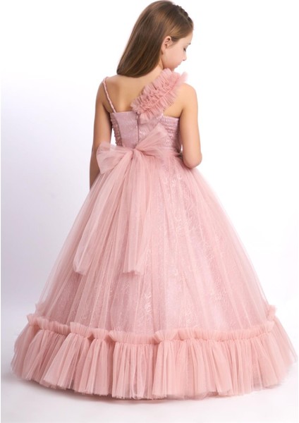 Kanila Kız Çocuk Tek Omuz Çiçek Detaylı Tarlatanlı Gelinlik 2216 Pudra
