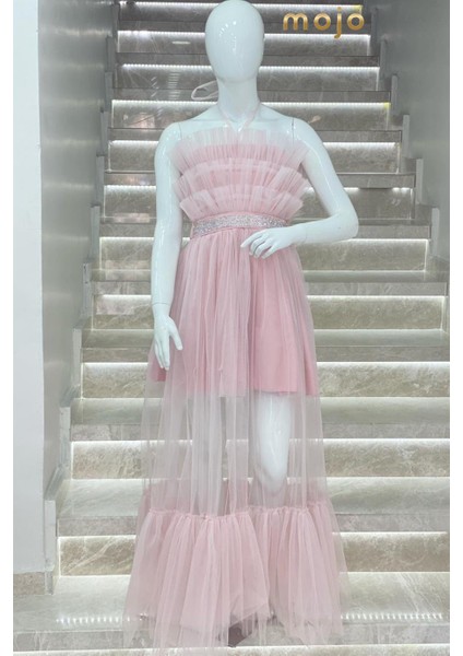 Kanila Kız Çocuk Kat Kat Tüllü Uzun Abiye Elbise 5339 Pudra