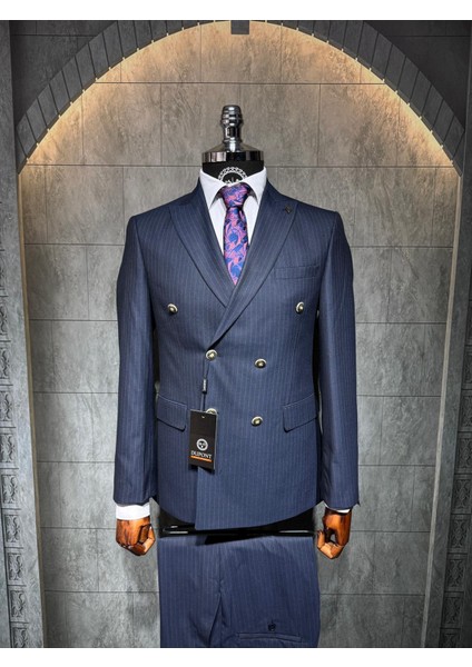 Slim Fit Çizgili Kruvaze Takım Elbise