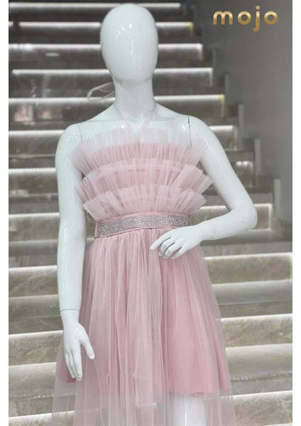 Kanila Kız Çocuk Kat Kat Tüllü Uzun Abiye Elbise 5339 Pudra