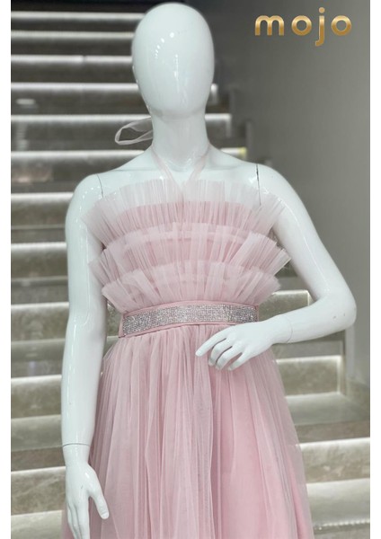 Kanila Kız Çocuk Kat Kat Tüllü Uzun Abiye Elbise 5339 Pudra