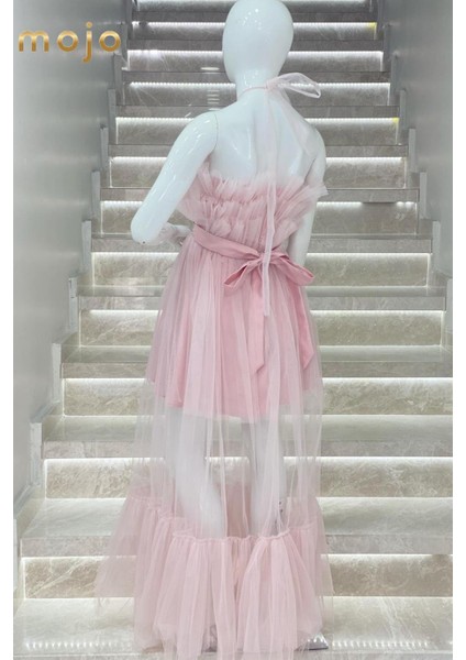 Kanila Kız Çocuk Kat Kat Tüllü Uzun Abiye Elbise 5339 Pudra