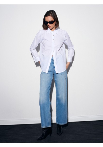 50531 %100 Pamuk Gold Düğmeli Gömlek-Beyaz