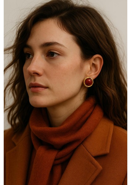 Gold Detaylı Renkli Yuvarlak Çelik Vintage Küpe