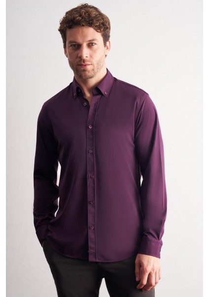 Mor Düğmeli Yaka Örme Uzun Kol Performans Ürün Slim Fit Esnek Gömlek 1004255270
