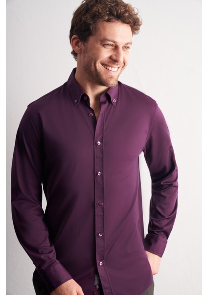 Mor Düğmeli Yaka Örme Uzun Kol Performans Ürün Slim Fit Esnek Gömlek 1004255270 fiyatları