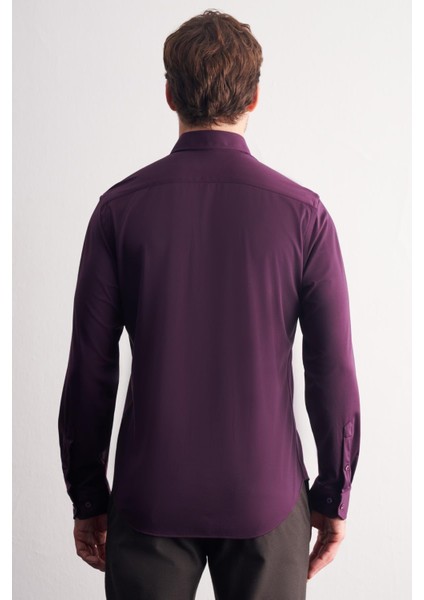 Mor Düğmeli Yaka Örme Uzun Kol Performans Ürün Slim Fit Esnek Gömlek 1004255270 fırsatları