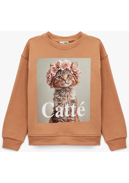 Pamuklu Uzun Kollu Bisiklet Yaka Kedi Baskılı Sweatshirt