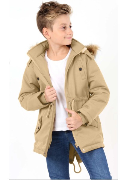 Erkek Çocuk Su Geçirmez Çıkarılabilir Kapüşonlu Pelüş Kürk Astarlı Uzun Mont Kaban