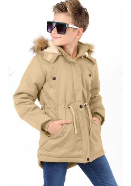 Erkek Çocuk Su Geçirmez Çıkarılabilir Kapüşonlu Pelüş Kürk Astarlı Uzun Mont Kaban fırsatları