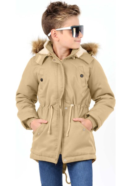Erkek Çocuk Su Geçirmez Çıkarılabilir Kapüşonlu Pelüş Kürk Astarlı Uzun Mont Kaban indirimleri