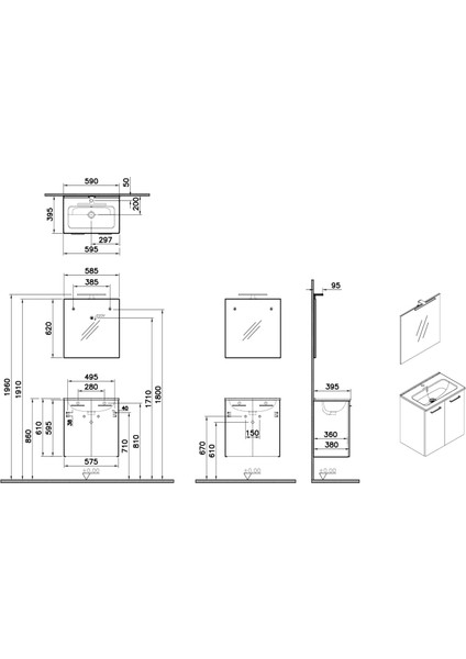 Ardea 69561 Banyo Dolabı Seti, Kapaklı, 60 cm, Parlak Antrasit
