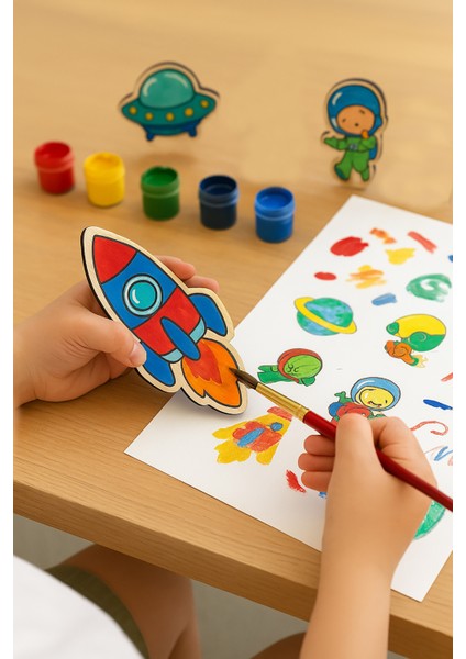 Uzay Roket Ahşap Boyama Figürleri ve Etkinlik Seti Eğitici Çocuk Aktivite Okul Öncesi Boyasız modelleri