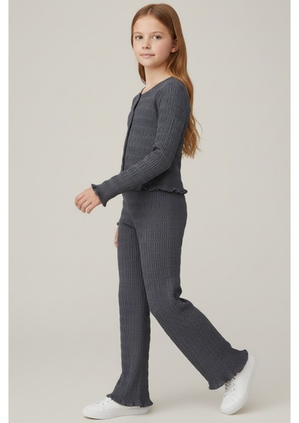 Kız Çocuk Antrasit Hakim Yaka Düğmeli Rahat Kesim Yumuşak Dokulu Şık Takım - Kız Çocuk Takım modelleri