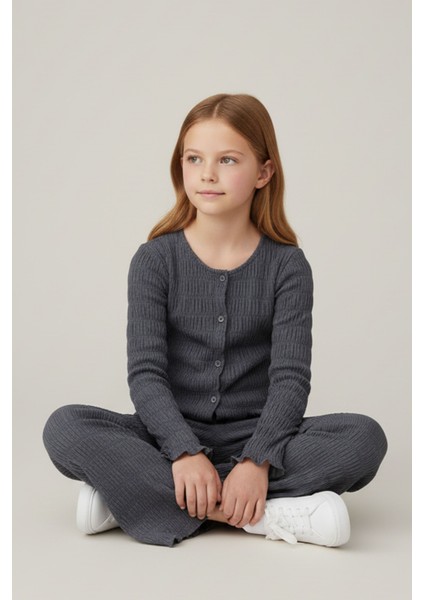 Kız Çocuk Antrasit Hakim Yaka Düğmeli Rahat Kesim Yumuşak Dokulu Şık Takım - Kız Çocuk Takım indirimleri