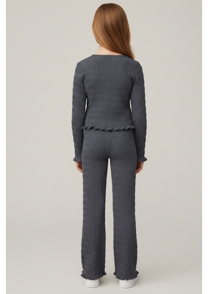 Kız Çocuk Antrasit Hakim Yaka Düğmeli Rahat Kesim Yumuşak Dokulu Şık Takım - Kız Çocuk Takım