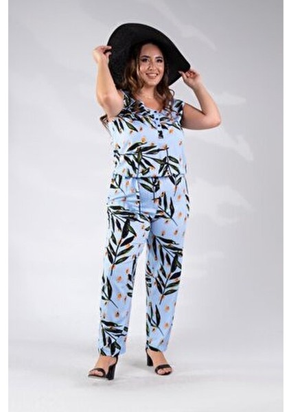 Büyük Beden Çiçek Desenli Tulum Mavi