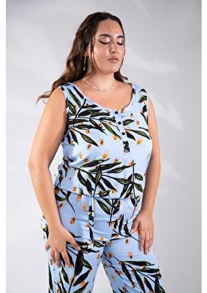 Büyük Beden Çiçek Desenli Tulum Mavi modelleri