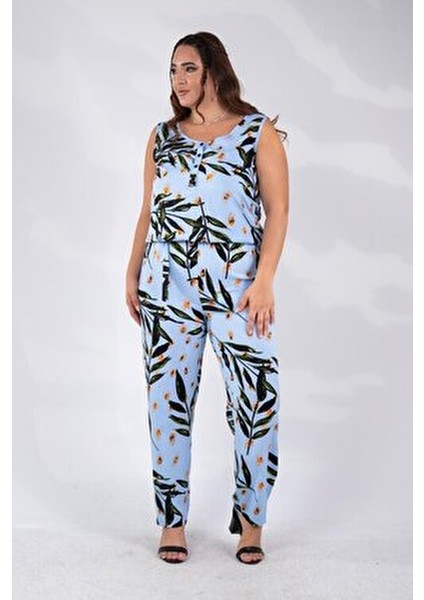 Büyük Beden Çiçek Desenli Tulum Mavi fırsatları