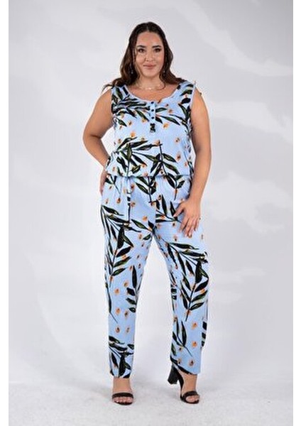 Büyük Beden Çiçek Desenli Tulum Mavi indirimleri