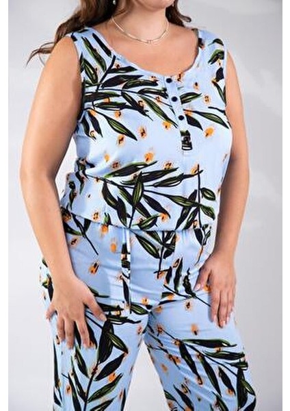 Büyük Beden Çiçek Desenli Tulum Mavi