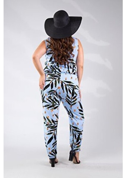 Büyük Beden Çiçek Desenli Tulum Mavi