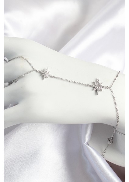 Pirinç Zirkon Taşlı Kutup Yıldızı Model Gümüş Renk Kadın Şahmeran - TJ-SN706