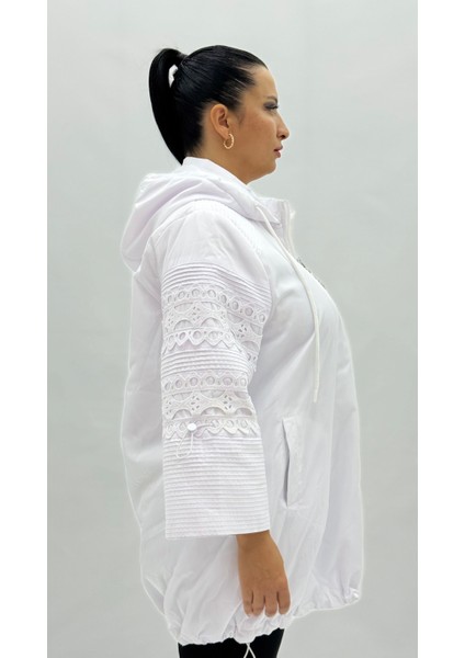 Büyük Beden Kapüşonlu Dantel Detaylı Kadın Ince Yağmurluk Rüzgarlık Mont indirimleri