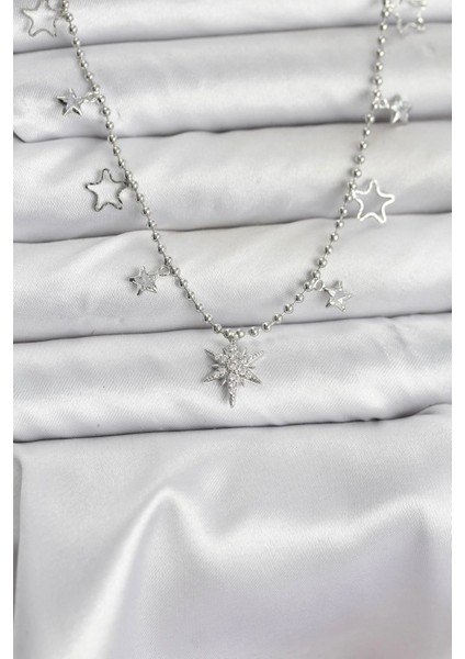 Pirinç Gümüş Renk Zirkon Taşlı Kutup Yıldızı Model Kadın Kolye - TJ-BKO10659