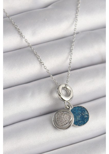 316L Çelik Gümüş Renk Zincir Zirkon Taşlı İşleme Mavi Simli Kadın Kolye - TJ-BKO9641