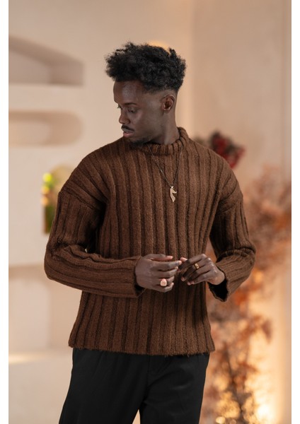 Oversize Kendinden Çizgili Pamuklu Kalın Triko Spor Kazak