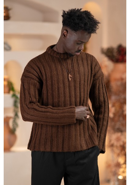 Oversize Kendinden Çizgili Pamuklu Kalın Triko Spor Kazak fırsatları