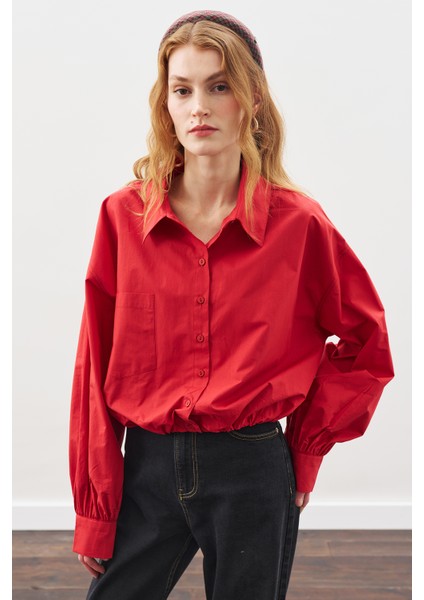 Crop Balon Form Gömlek Kırmızı