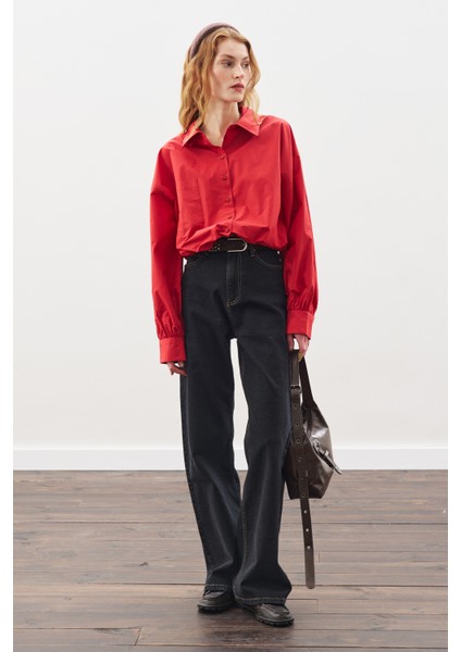 Crop Balon Form Gömlek Kırmızı modelleri