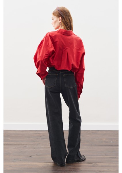 Crop Balon Form Gömlek Kırmızı