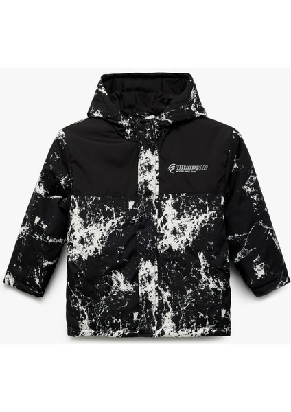 Uzun Kollu Baskılı Kapşonlu Mevsimlik Mont