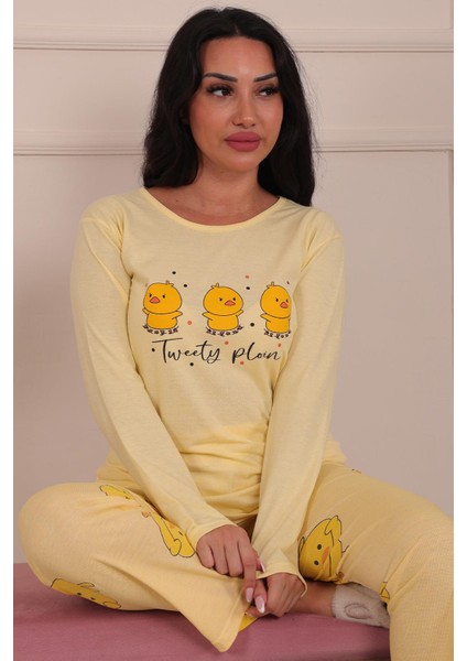 Kadın Ördek Yavursu Desenli Bisiklet Yaka Uzun Kol Altı Uzun Penye Pijama Takımı fiyatları