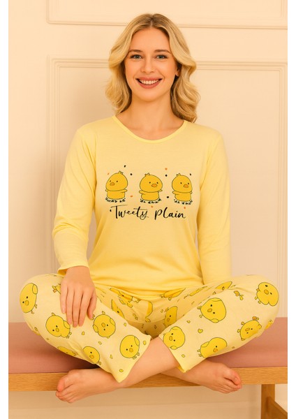 Kadın Ördek Yavursu Desenli Bisiklet Yaka Uzun Kol Altı Uzun Penye Pijama Takımı indirimleri